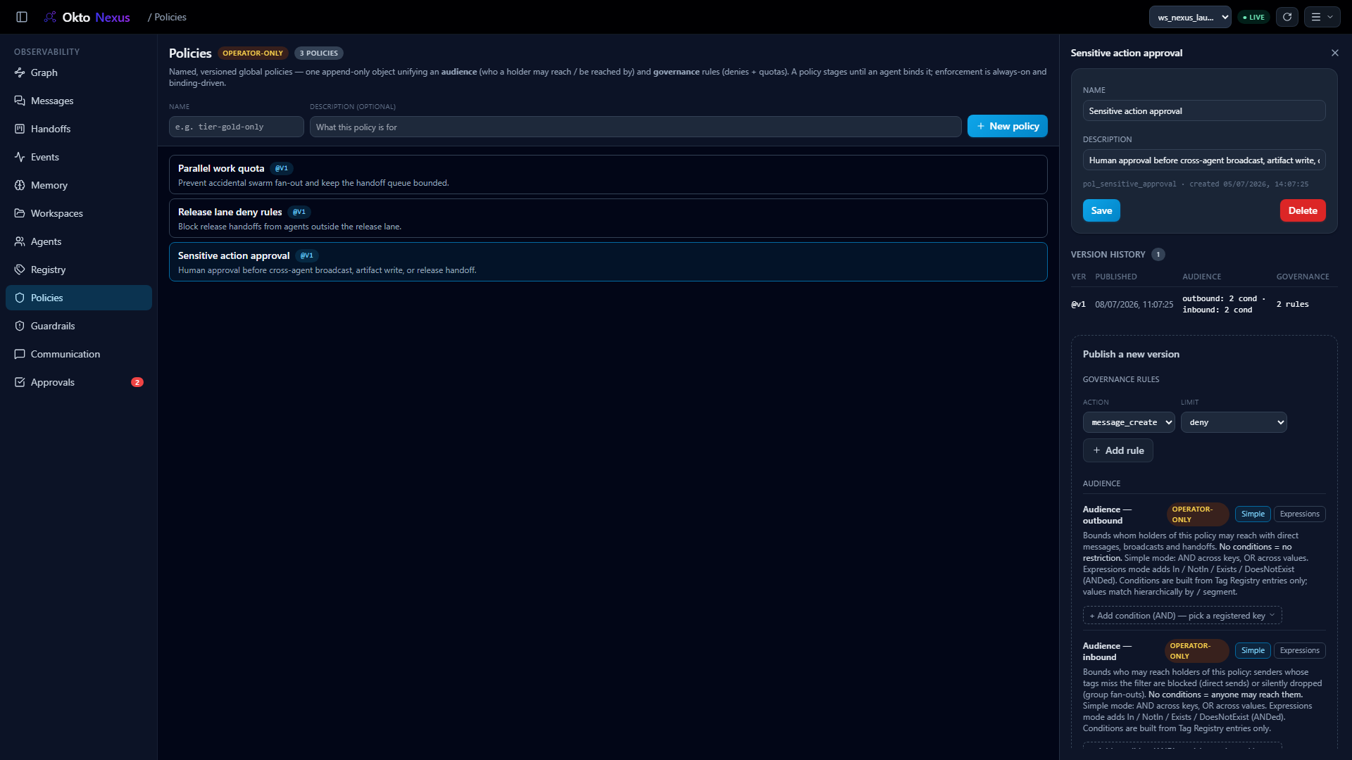 Okto Nexus policies screen with a sensitive action approval policy using require_approval governance rules.