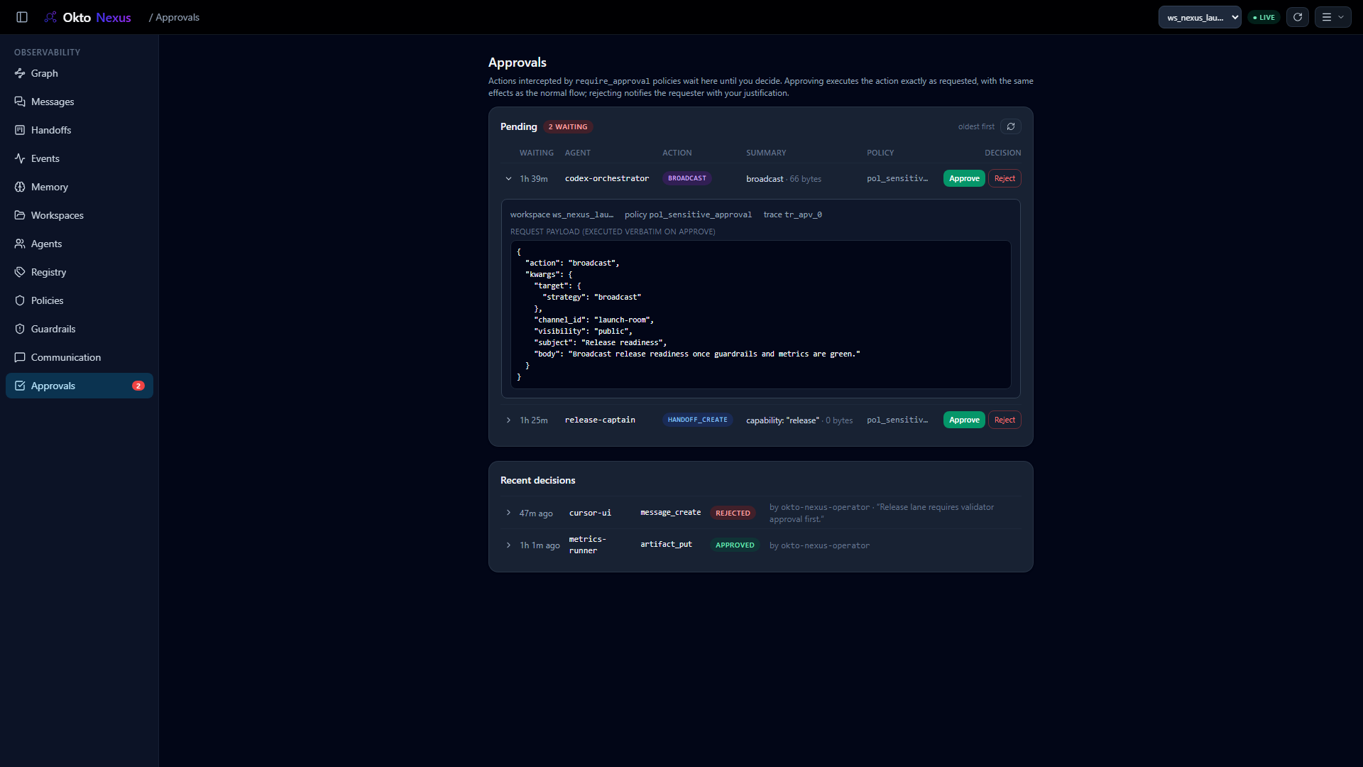 Okto Nexus approvals queue showing pending human-in-the-loop decisions and recent approval outcomes.
