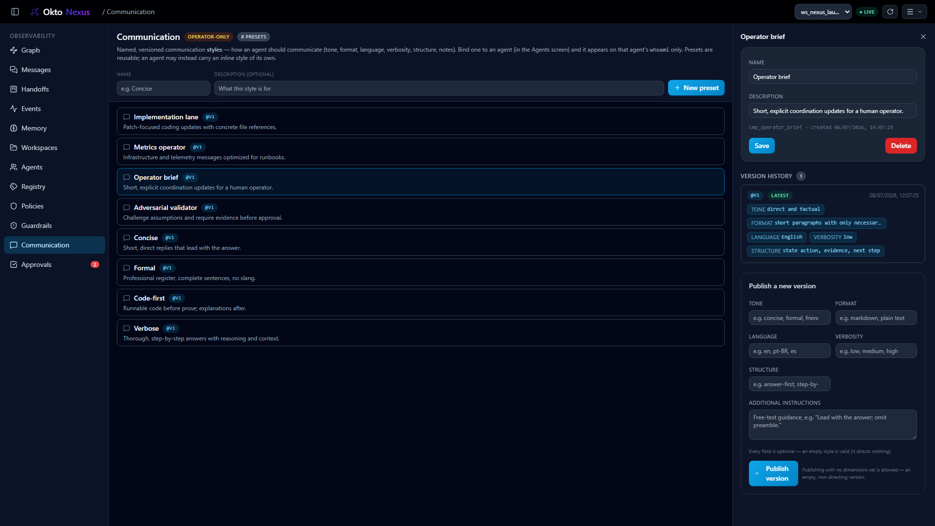 Okto Nexus communication profiles screen with a selected preset describing tone, format, language, verbosity, and structure.