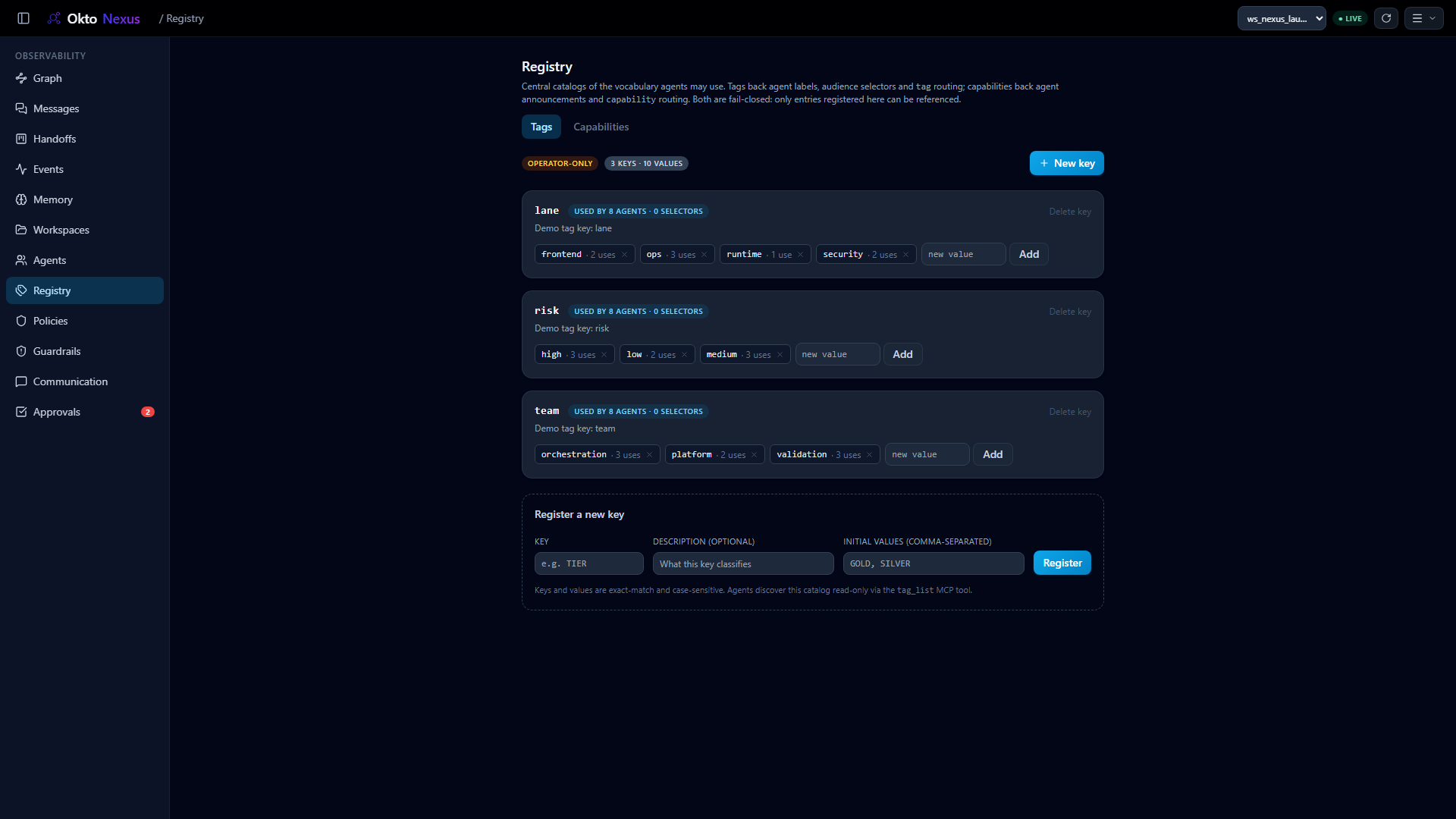 Okto Nexus registry screen showing capability and tag vocabulary used by routing, audience selectors, and agent labels.