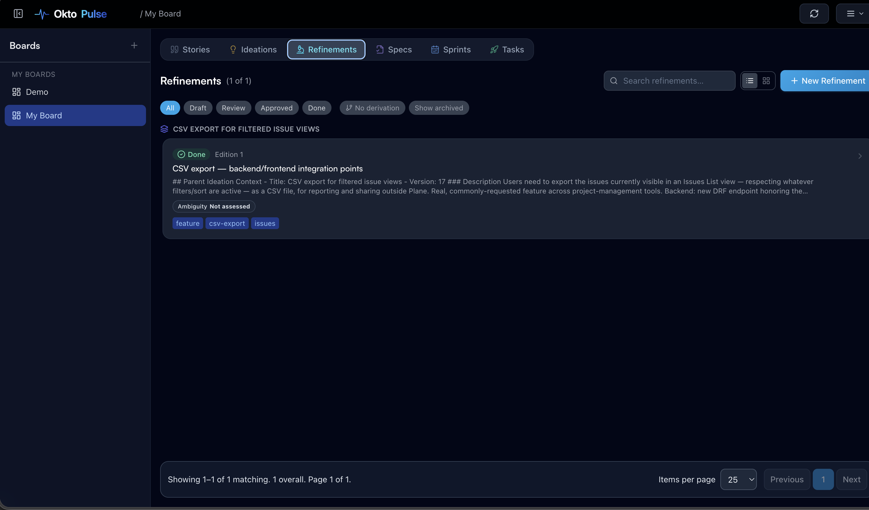 Pulse Refinements tab: CSV export, backend/frontend integration points, Done, Edition 1