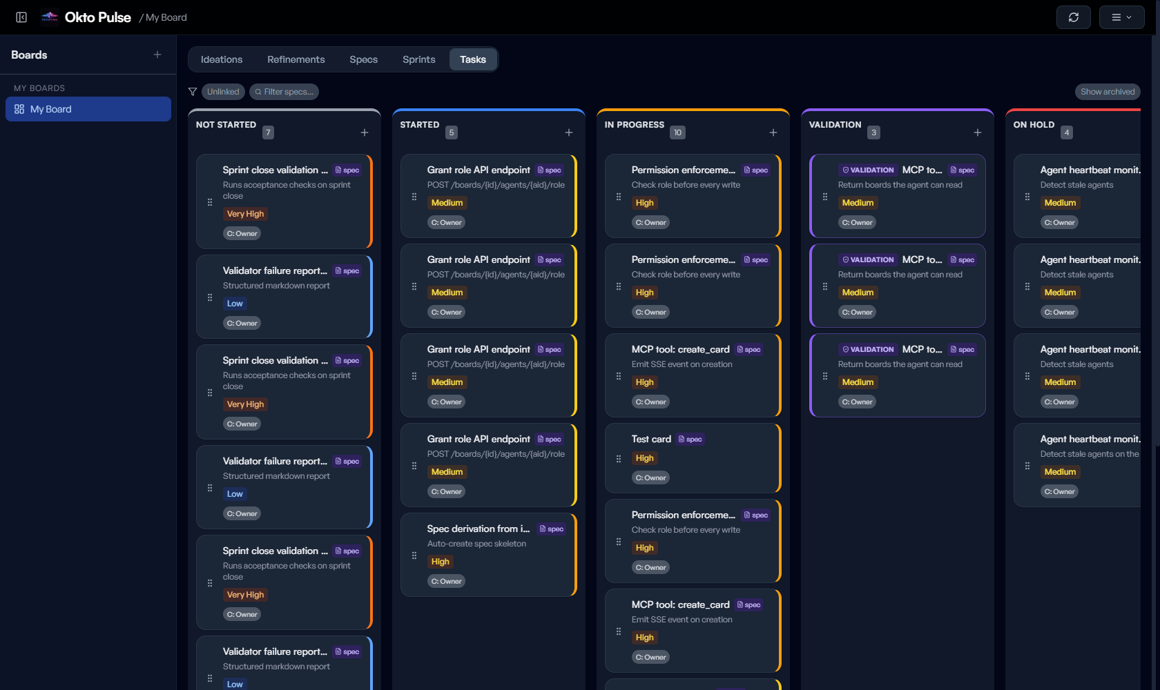 Okto Pulse kanban board with traceable task cards