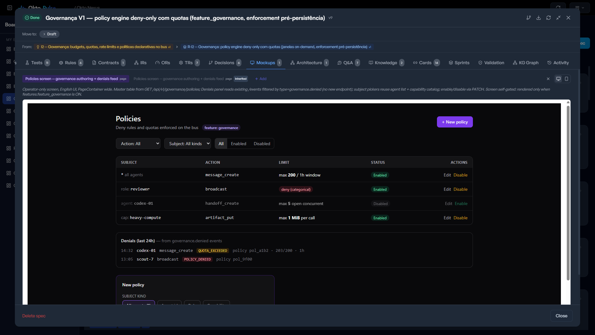 Okto Pulse Mockups tab showing a governance policies screen with quotas and denial events