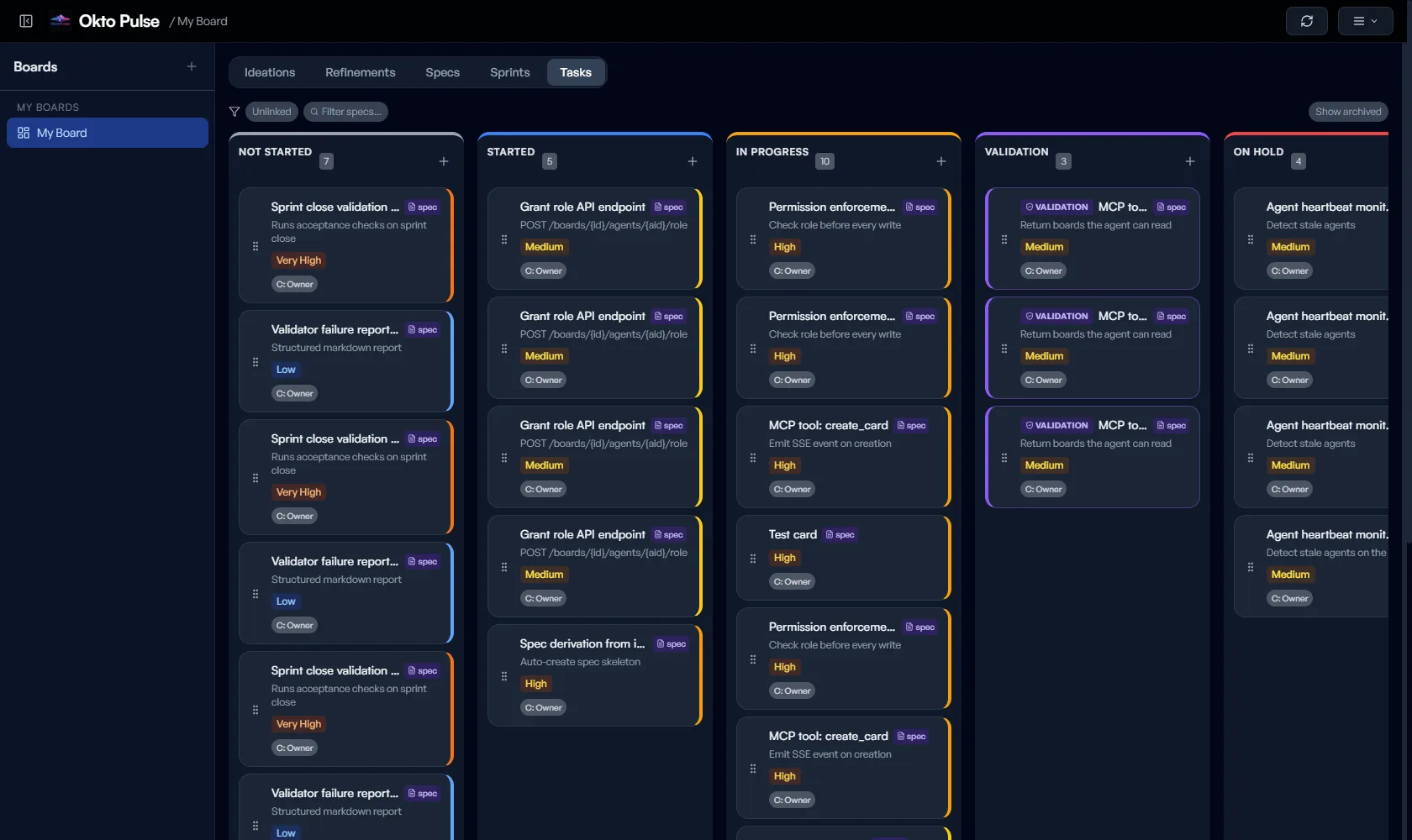 Okto Pulse kanban board showing tasks organized across delivery states